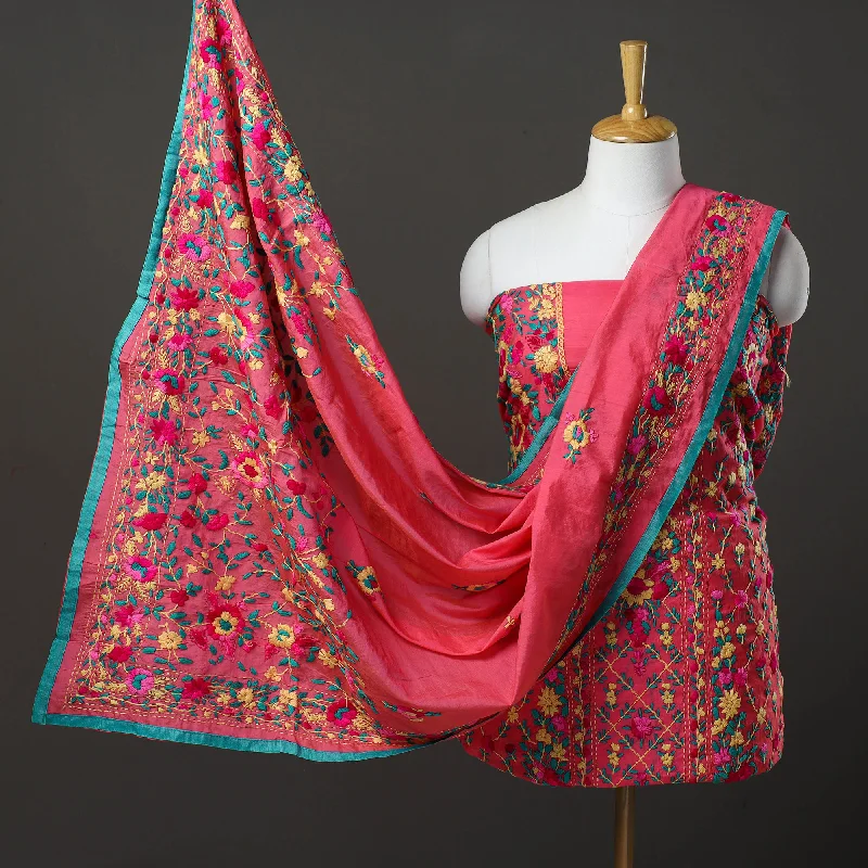 Act Now Pink - 3pc Hand Embroidery Chanderi Silk Phulkari Dress Material 84
