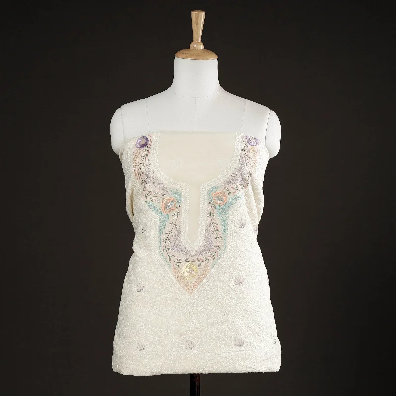 Price Rollback White - Lucknow Chikankari with Parsi Style Embroidered Cotton Kurta Material - 2.9 Meter