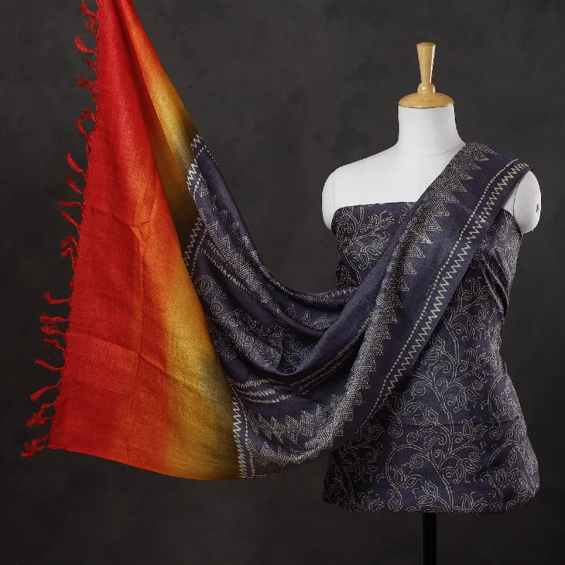 Buy More, Save More Black - 2pc Block Printed Tussar Silk Handloom Suit Material Set