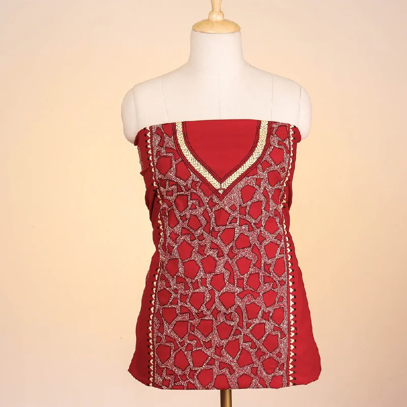 Blowout Deals Red - Bengal Kantha Embroidered Pure Cotton Kurta Material