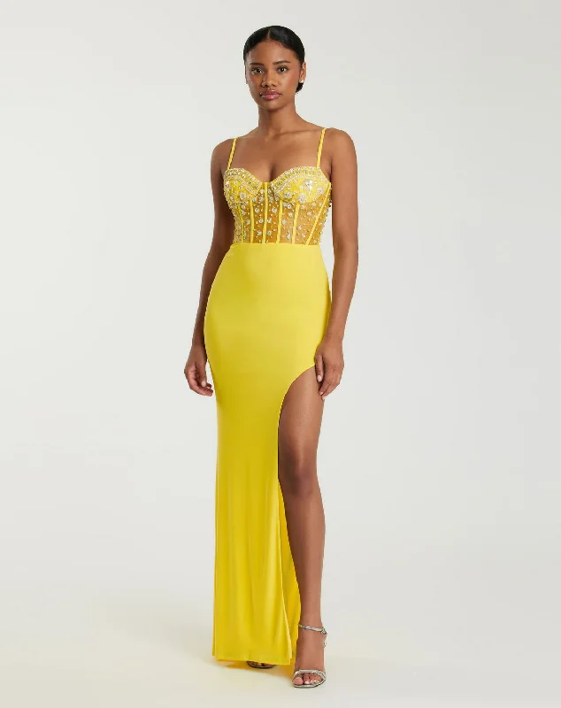 Lowest Price Mac Duggal 44029 Beaded Long Fitted Slit Prom Dress
