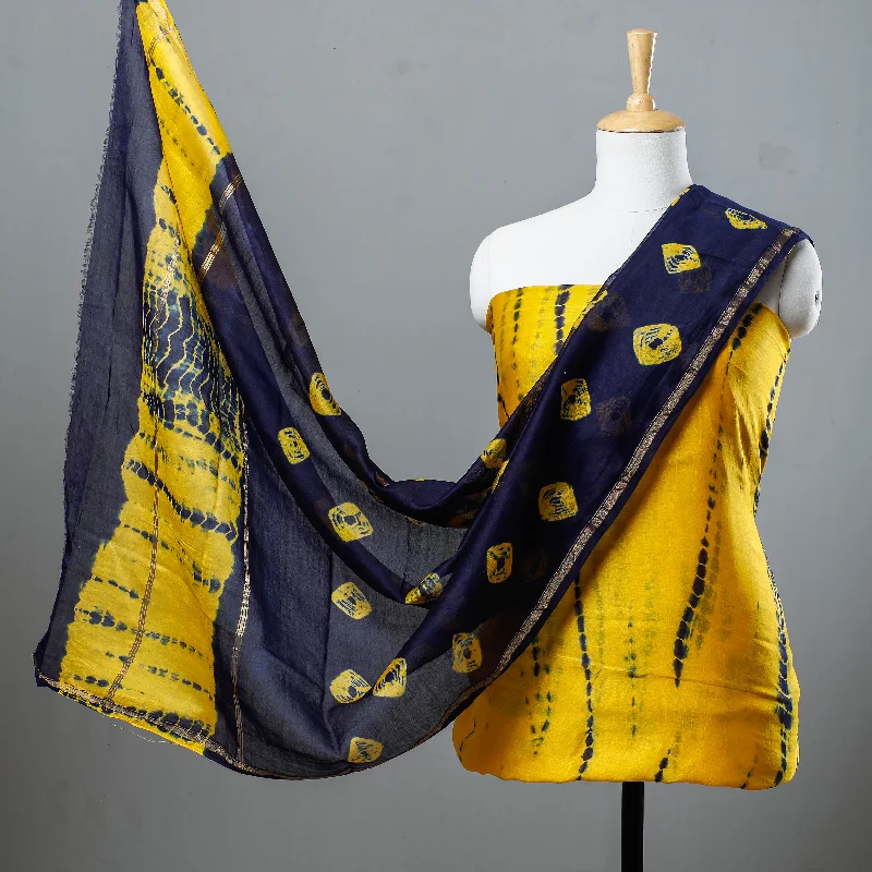 Limited Stock Yellow - 3pc Shibori Tie-Dye Chanderi Silk Suit Material Set