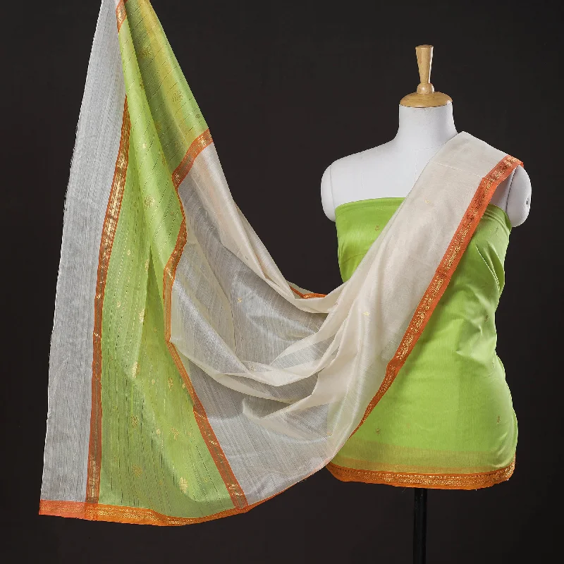 Bargain Blast Green - 3pc Chanderi Silk Handloom Nakshi Zari Suit Material Set