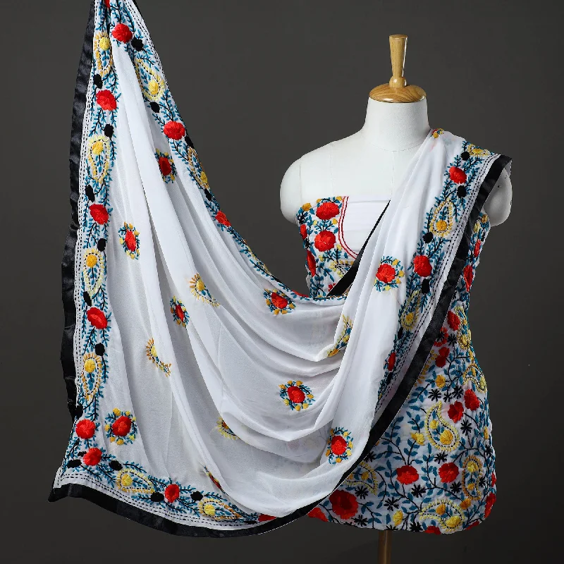Special Buy White - 3pc Hand Embroidery Georgette Phulkari Dress Material 68