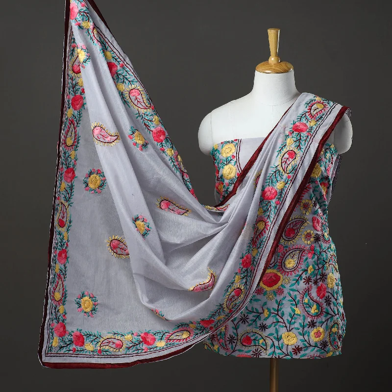 Customer Appreciation Sale Grey - 3pc Hand Embroidery Chanderi Silk Phulkari Dress Material 78