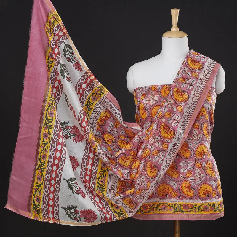 Last Chance Pink - 3pc Sanganeri Block Printed Chanderi Silk Suit Material Set
