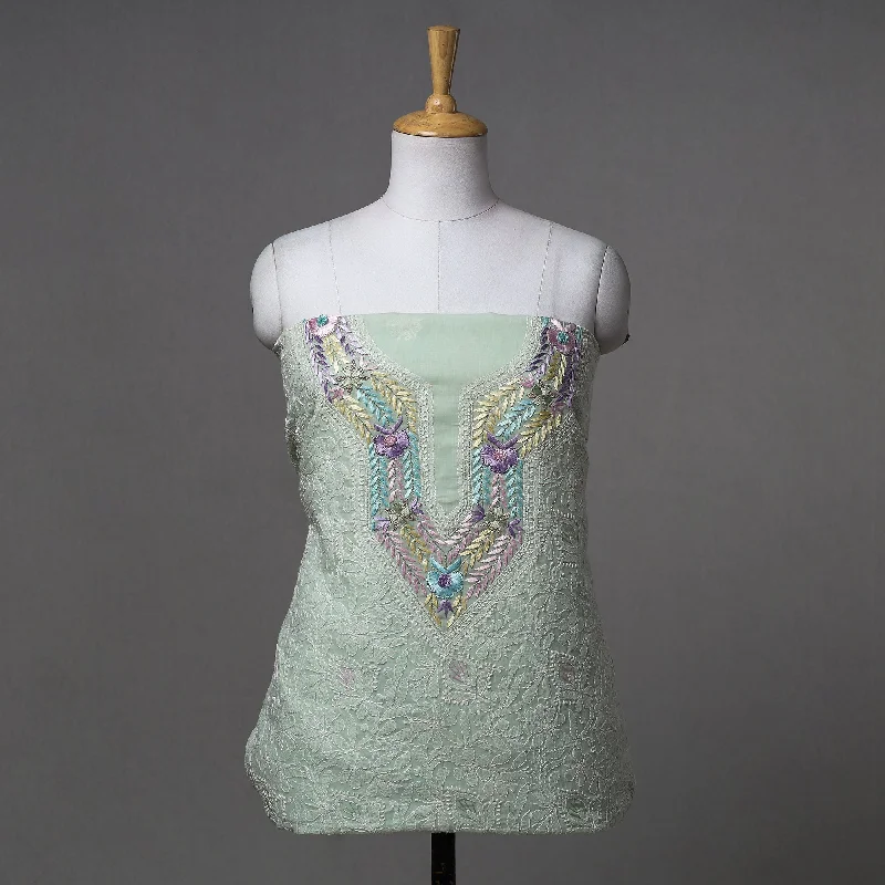 Deal of the Day Green - Lucknow Chikankari with Parsi Style Embroidered Cotton Kurta Material - 2.9 Meter