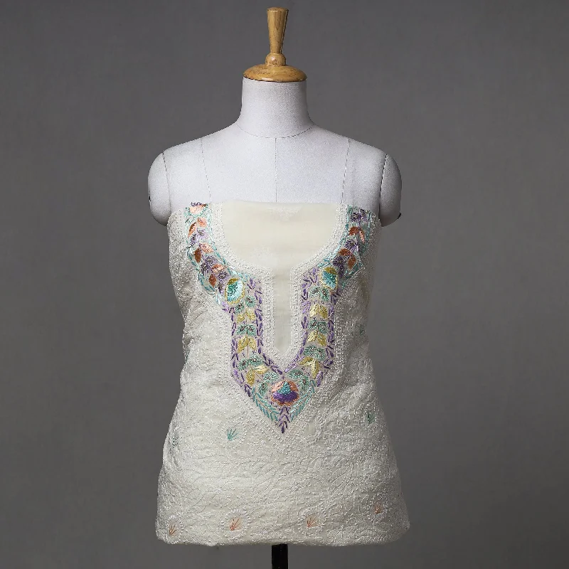 Limited Availability White - Lucknow Chikankari with Parsi Style Embroidered Cotton Kurta Material - 2.95 Meter