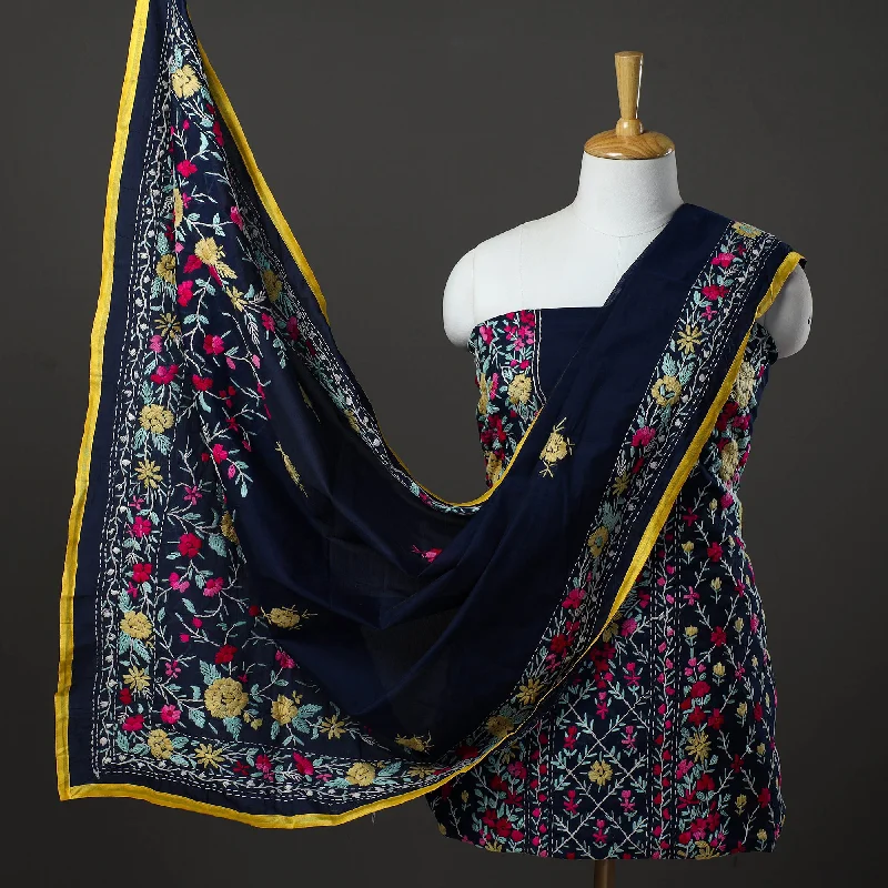Deal Dash Blue - 3pc Hand Embroidery Chanderi Silk Phulkari Dress Material 71