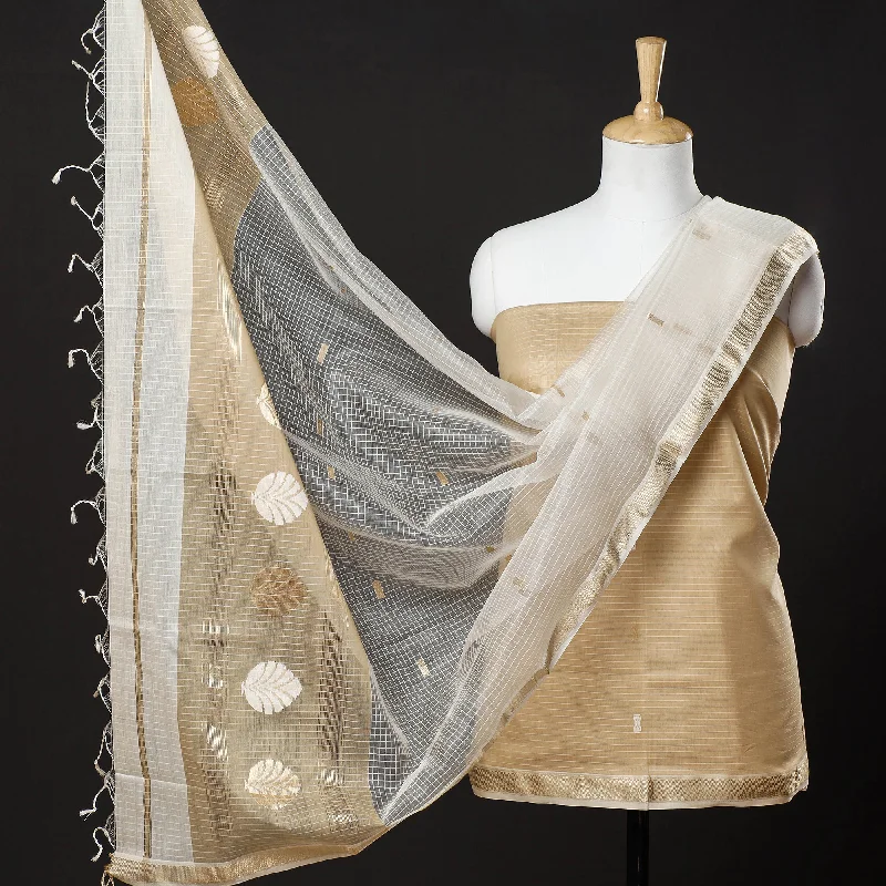 Super Sale Beige - 3pc Chanderi Silk Handloom Thread & Zari Buti Suit Material Set