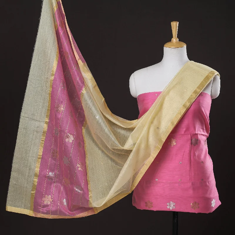 Final Markdown Pink - 2pc Chanderi Silk Handloom Flower Zari Buta Suit Material Set