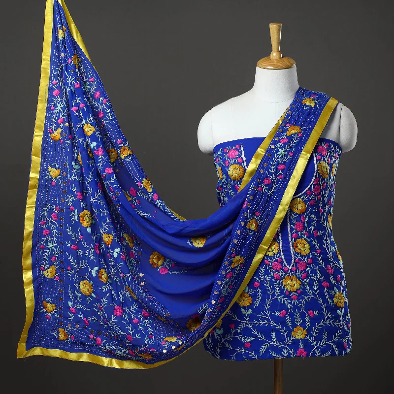 Closeout Blue - 3pc Hand Embroidery Georgette Phulkari Dress Material 29