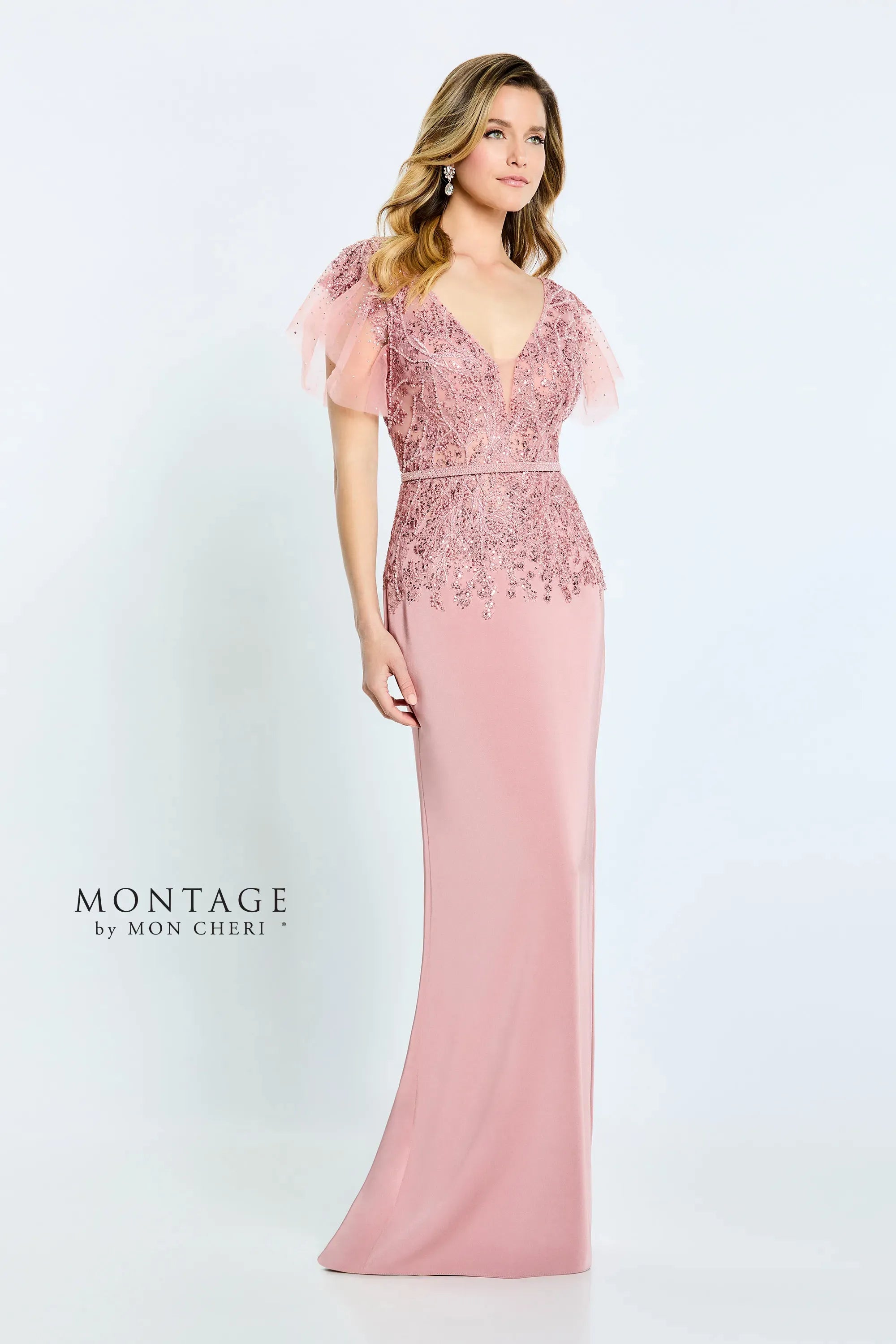 Bargain Prices Montage M512 Beaded Long Fitted Formal Removable Sleeve Dress