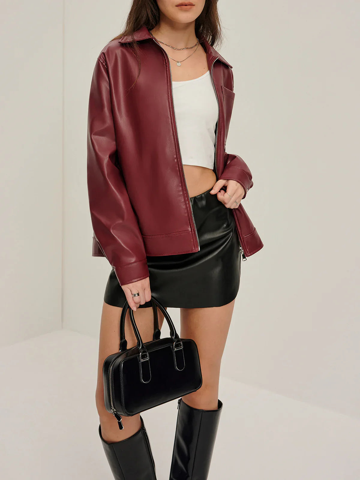 Closeout Lapel Zipper PU Leather Jacket