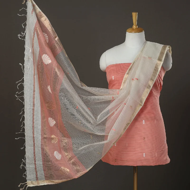Lowest Price Peach - 3pc Zari Buti Handloom Chanderi Silk Dress Material 01