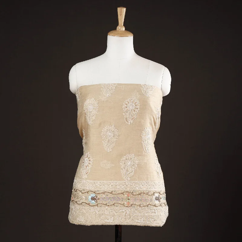 Anniversary Sale Beige - Lucknow Chikankari with Parsi Style Embroidery Chanderi Silk Kurta Material - 3.2 Meter