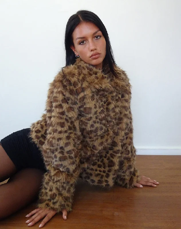 Loyalty Reward Joji Crop Faux Fur Jacket in Brown Leopard