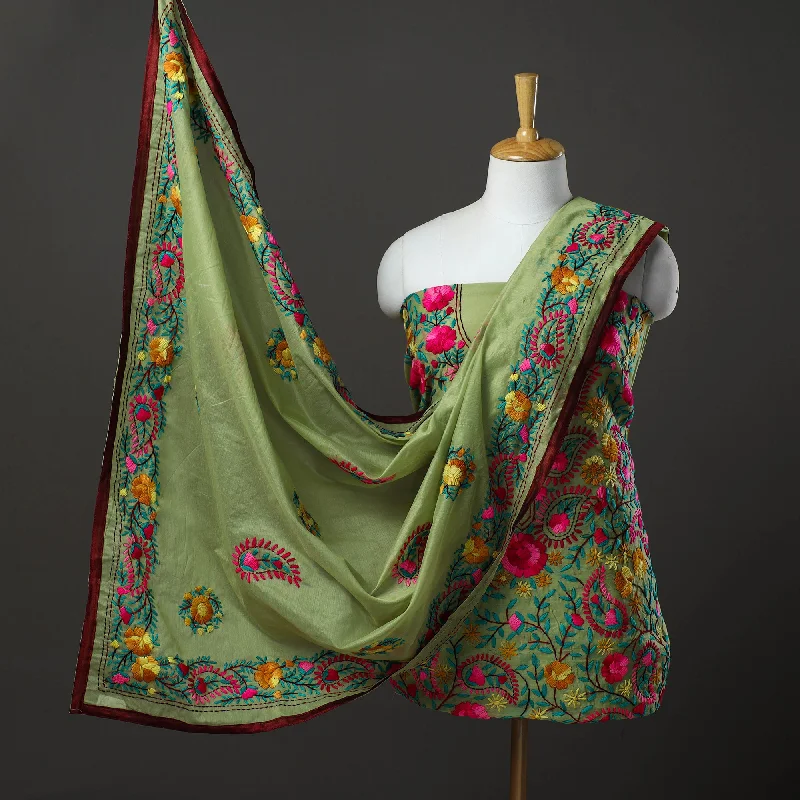 Factory Direct Sale Green - 3pc Hand Embroidery Chanderi Silk Phulkari Dress Material 77