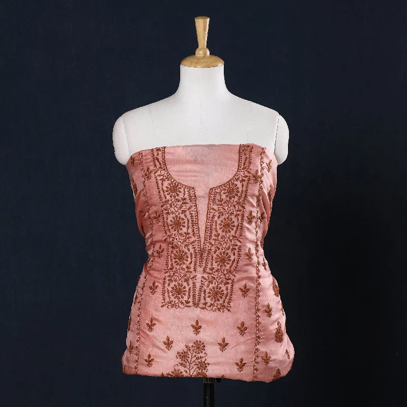 Seasonal Clearance Pink - Lucknow Chikankari Hand Embroidery Tussar Silk Handloom Kurta Material - 2.85 Meter Seasonal Clearance Pink - Lucknow Chikankari Hand Embroidery Tussar Silk Handloom Kurta Material - 2.85 Meter