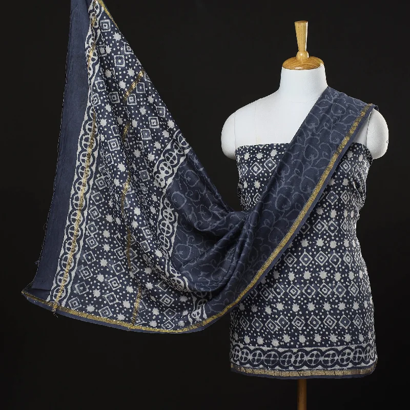 Discount Extravaganza Blue - 3pc Bagru Block Print Chanderi Silk Suit Material Set