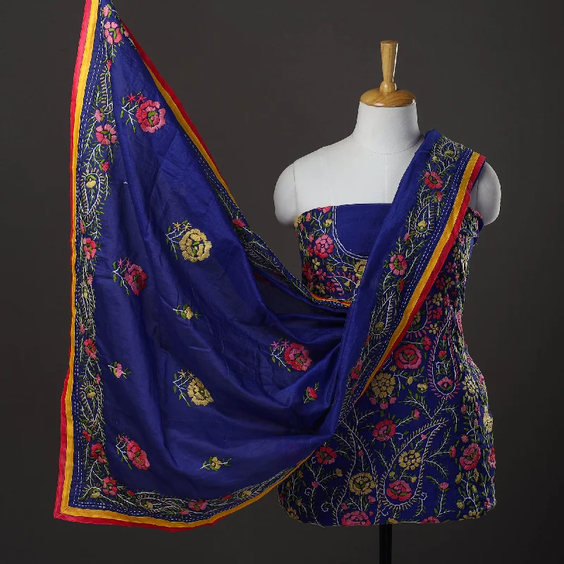 Daily Deals Blue - 3pc Hand Embroidery Chanderi Silk Phulkari Dress Material 52