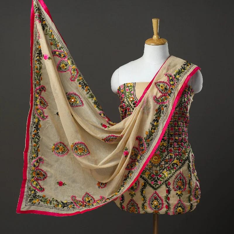 Massive Deals Beige - 3pc Hand Embroidery Chanderi Silk Phulkari Dress Material 88