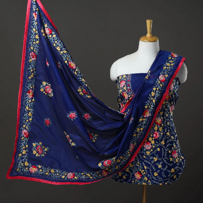 Buy More, Save More Blue - 3pc Hand Embroidery Chanderi Silk Phulkari Dress Material 91