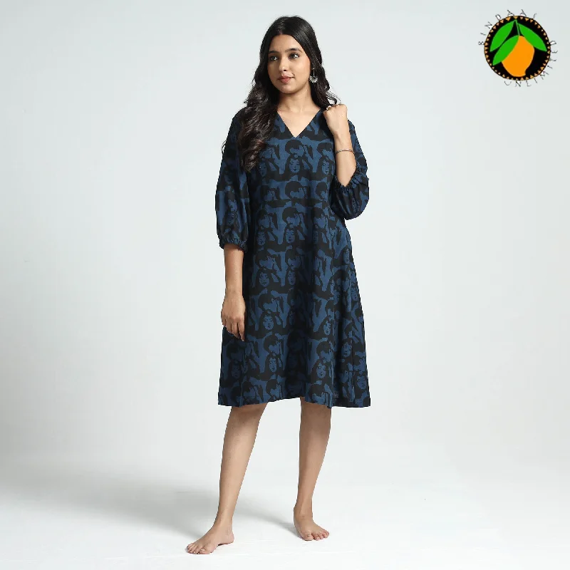 Final Clearance Black & Blue - Bindaas Art Block Printed Cotton Dress