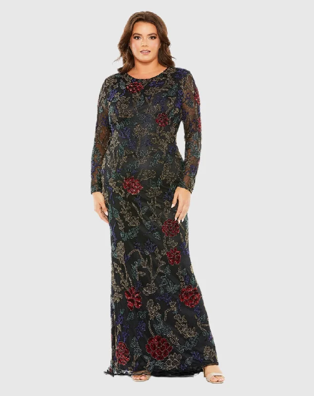 Inventory Reduction Mac Duggal 5942 Long Sleeve Plus Size Formal Beaded Evening Dress