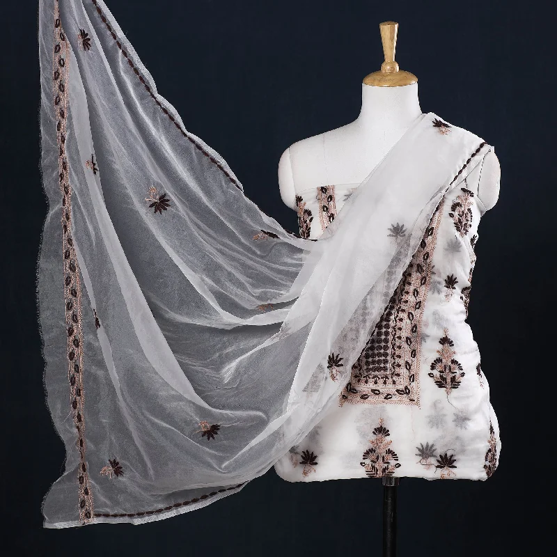 Price Smash White - 2pc Lucknow Chikankari Hand Embroidery Chanderi Silk Handloom Suit Material Set