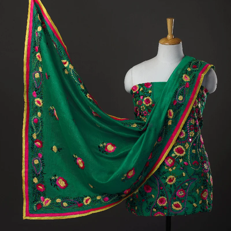 Limited Time Offer Green - 3pc Hand Embroidery Chanderi Silk Phulkari Dress Material 36