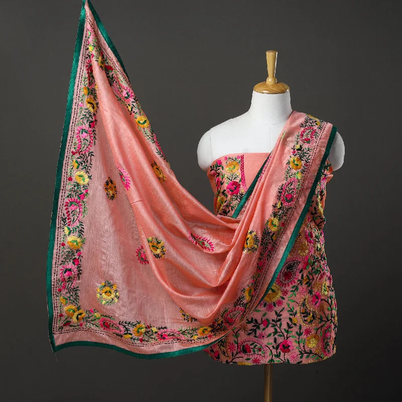 Clearance Items Peach - 3pc Hand Embroidery Chanderi Silk Phulkari Dress Material 100