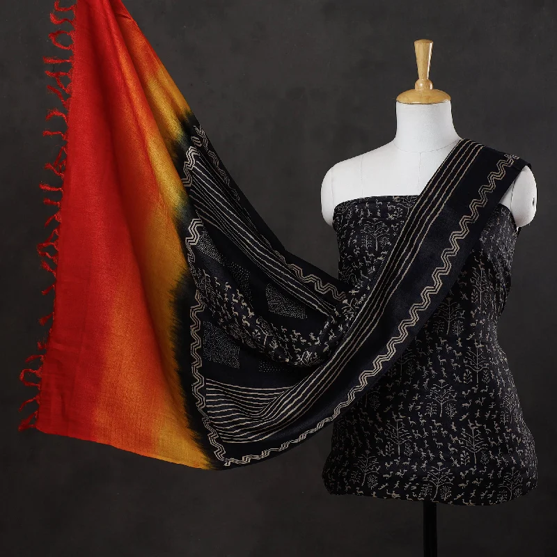 Clearance Event Black - 2pc Block Printed Tussar Silk Handloom Suit Material Set