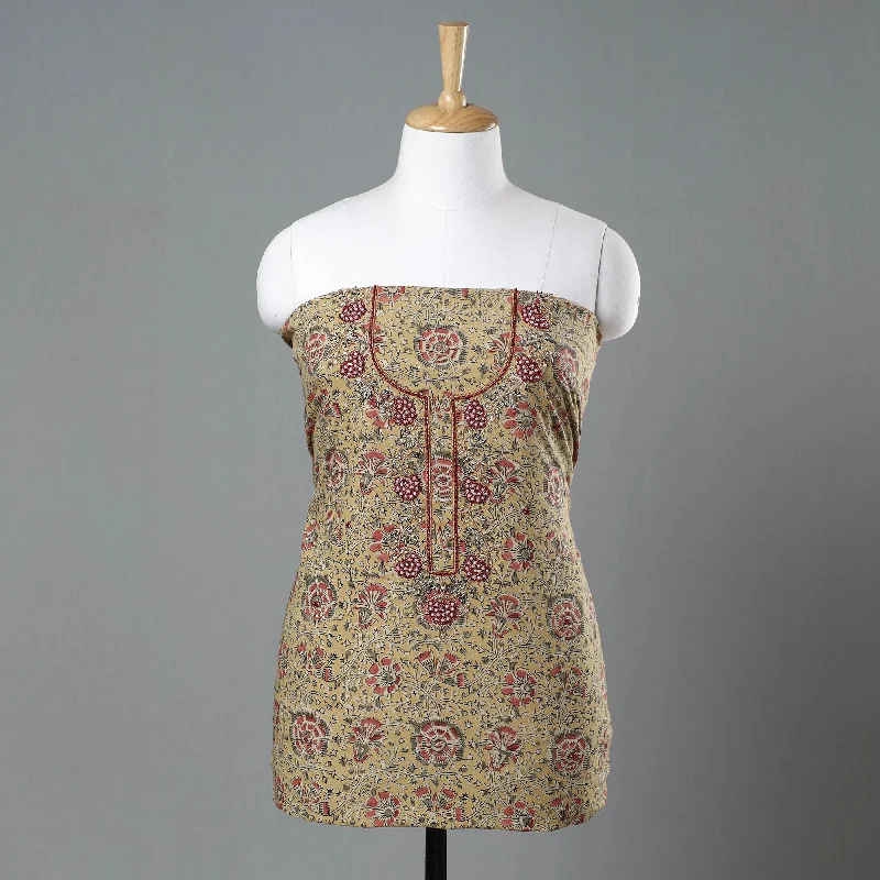 Limited Quantity Yellow - Kalamkari Block Printed Kundan & Bead Work Hand Embroidery Cotton Kurta Material - 2.6 Meter