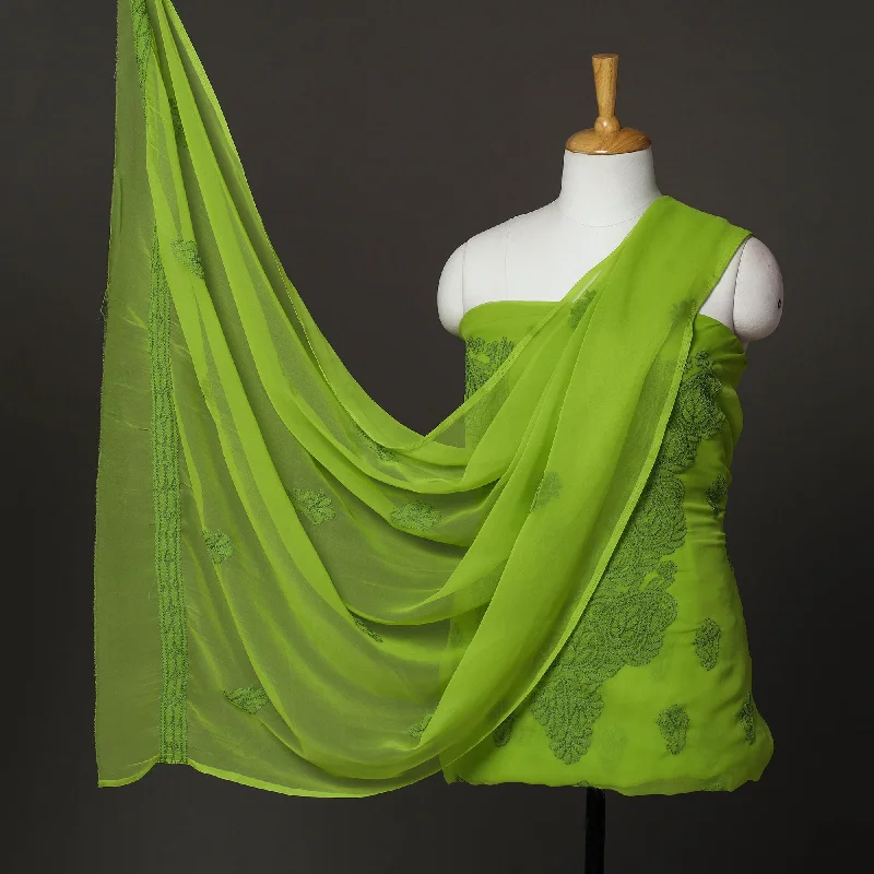 Price Slash Green - 3pc Embroidery Georgette Chikankari Dress Material 02