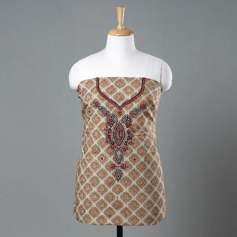 Special Savings Beige - Kalamkari Block Printed Kundan & Bead Work Hand Embroidery Cotton Kurta Material - 2.6 Meter