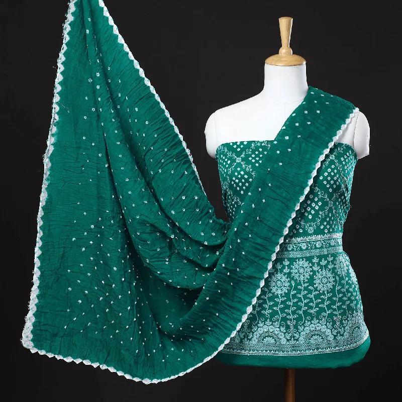 Closeout Green - 3pc Kutch Bandhani Tie-Dye Satin Cotton Suit Material Set