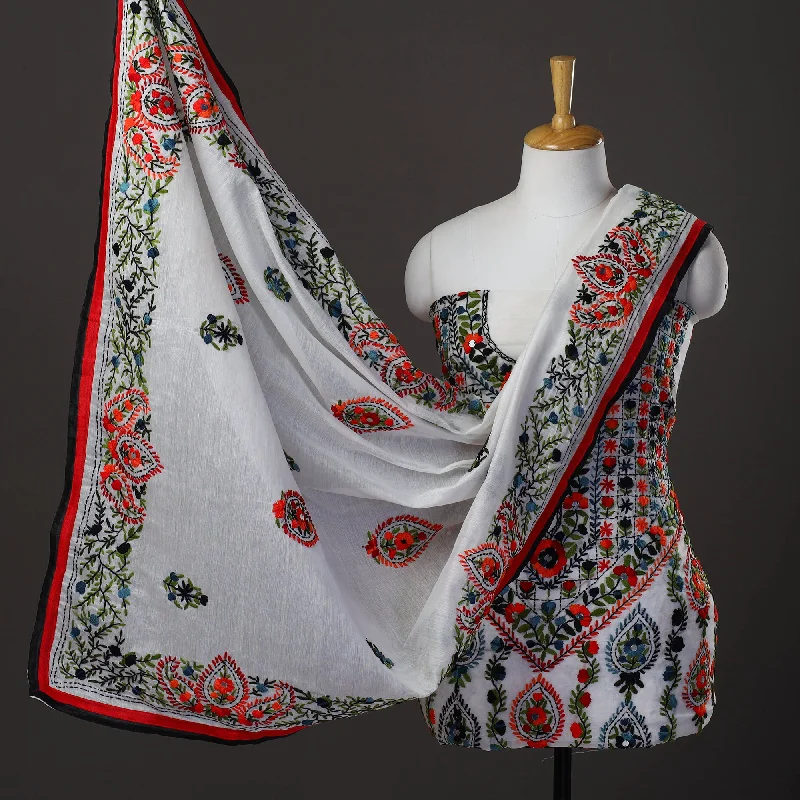 Hurry In White - 3pc Hand Embroidery Chanderi Silk Phulkari Dress Material 66