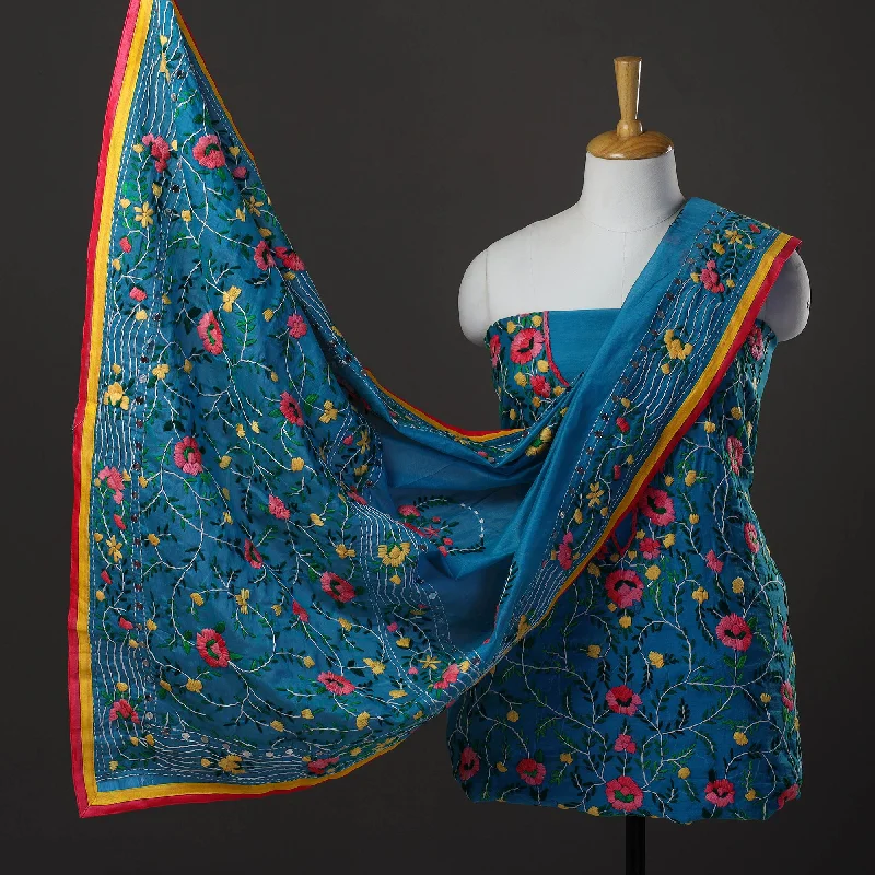 The Best Prices Blue - 3pc Hand Embroidery Chanderi Silk Phulkari Dress Material 59