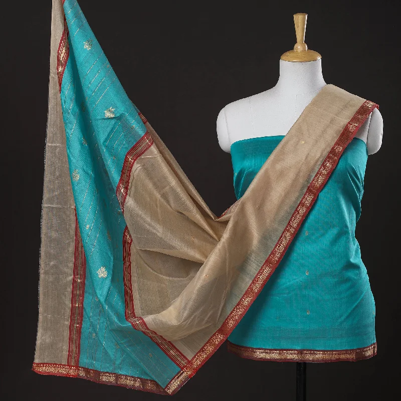 Price Meltdown Blue - 3pc Chanderi Silk Handloom Nakshi Zari Suit Material Set