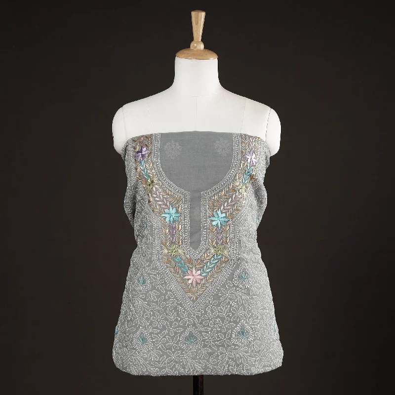 Lowest Price Grey - Lucknow Chikankari with Parsi Style Embroidered Cotton Kurta Material - 2.9 Meter