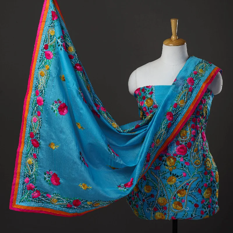 Fantastic Deals Blue - 3pc Hand Embroidery Chanderi Silk Phulkari Dress Material 57