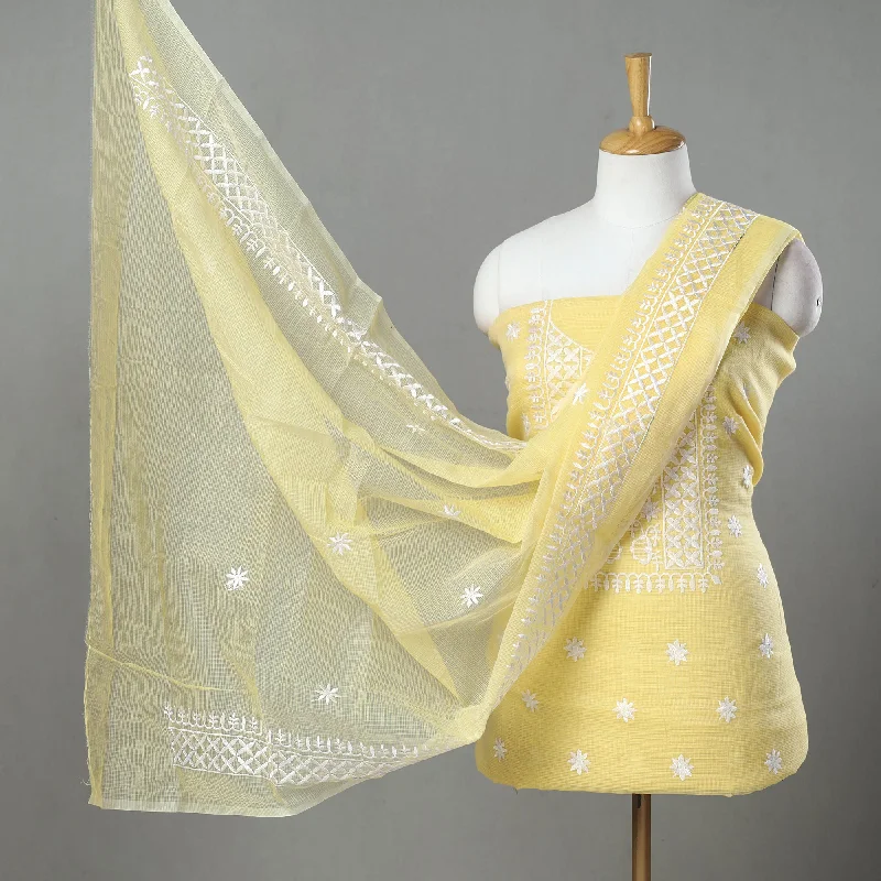 New Deals Yellow - 3pc Cotton Embroidered Kota Doria Dress Material 14