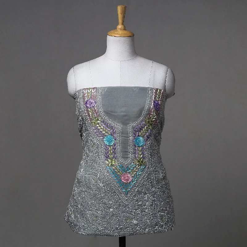 Don't Miss Grey - Lucknow Chikankari with Parsi Style Embroidered Cotton Kurta Material - 2.9 Meter