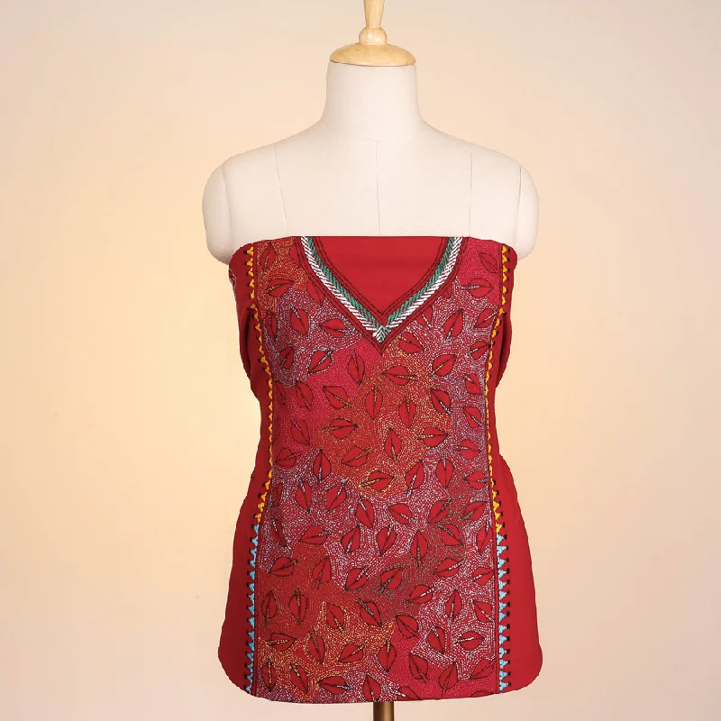 Lowest Prices Red - Bengal Kantha Embroidered Pure Cotton Kurta Material