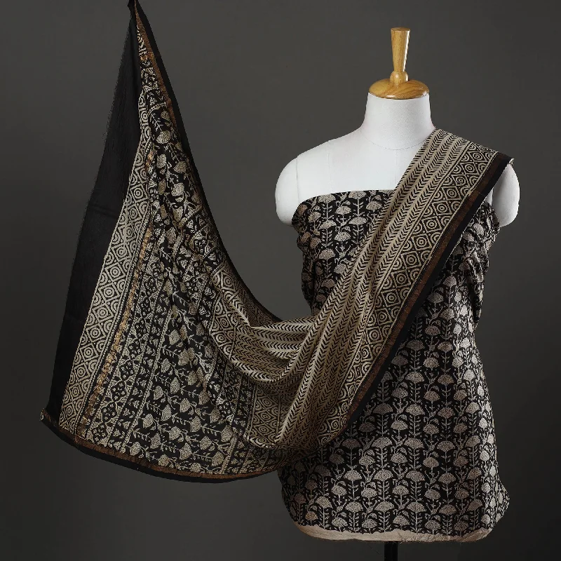 Early Bird Discount Black - 3pc Bagru Print Chanderi Silk Dress Material 04