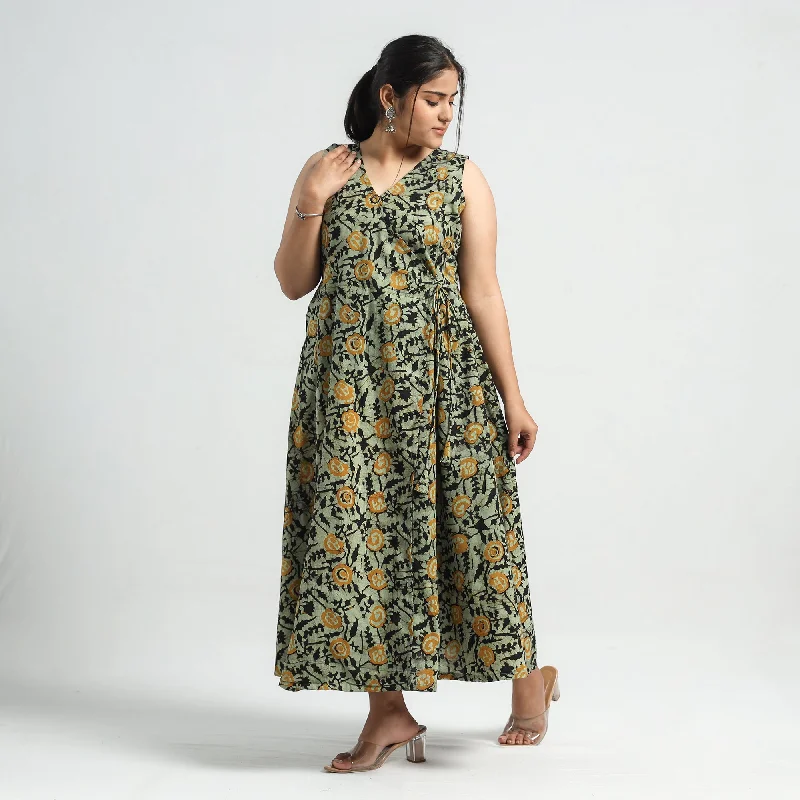 Bargain Prices Green - Batik Printed Cotton Angrakha Sleeveless Flared Dress