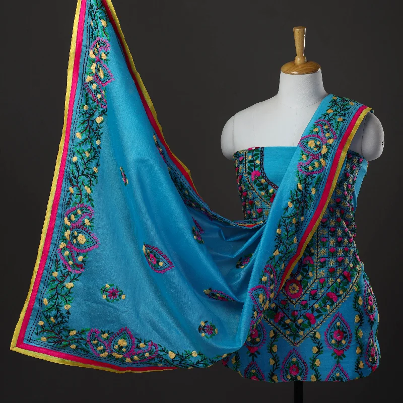 Steals and Deals Blue - 3pc Hand Embroidery Chanderi Silk Phulkari Dress Material 60