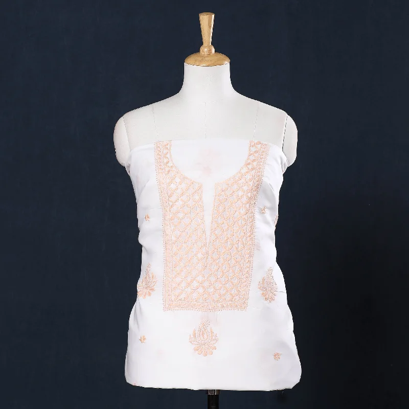 Super Deal White - Lucknow Chikankari Hand Embroidery Chanderi Silk Kurta Material - 3 Meter