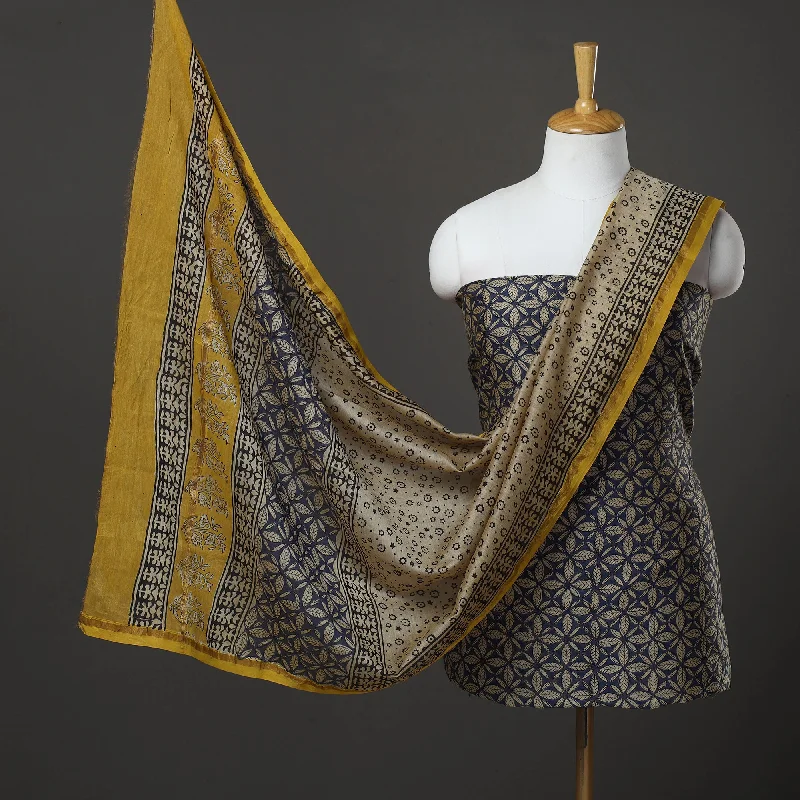 Act Now Blue - 3pc Chanderi Silk Bagru Print Dress Material 12